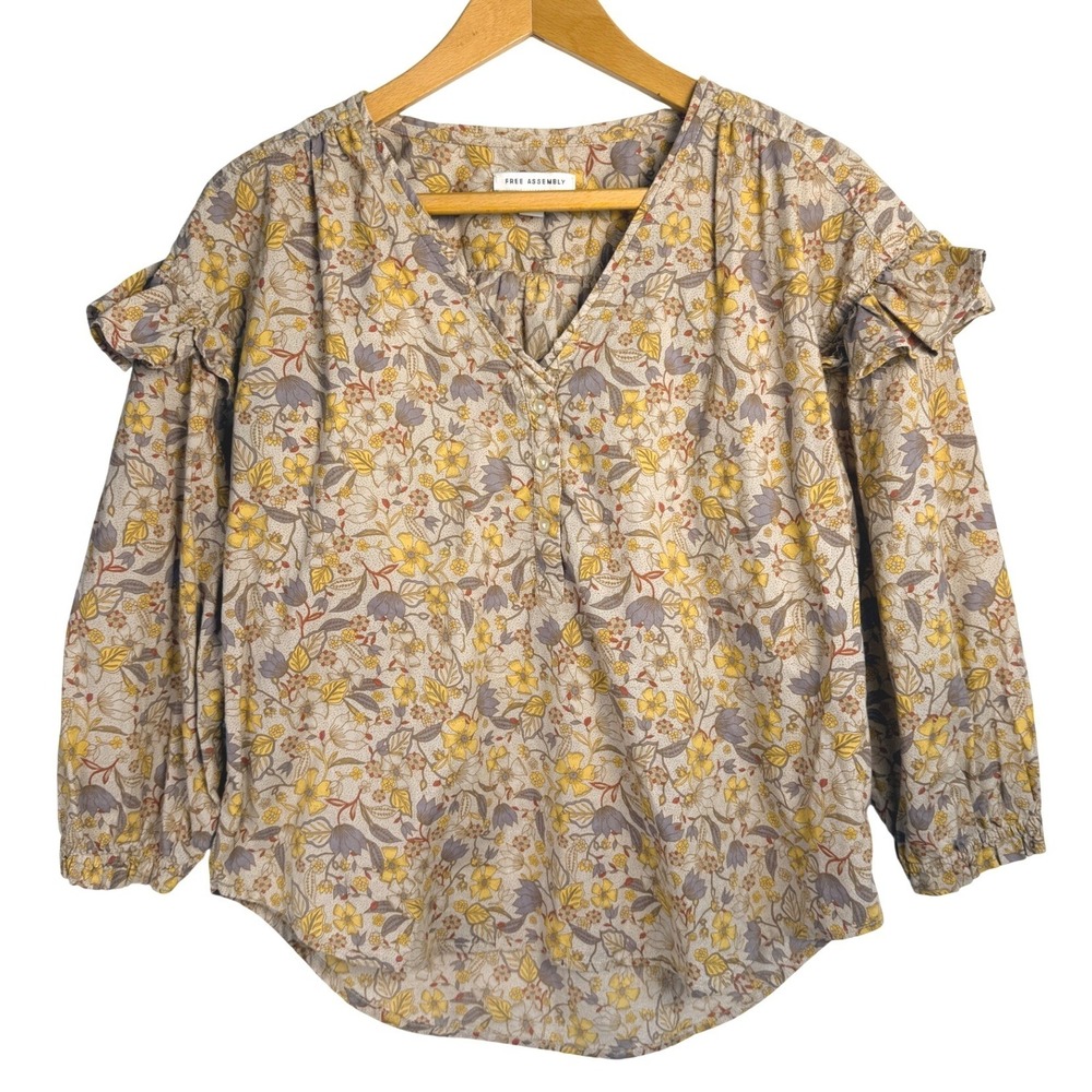 Free Assembly Womens Floral Ruffle V-Neck Blouse Yellow Purple Cotton Small - Picture 1 of 11